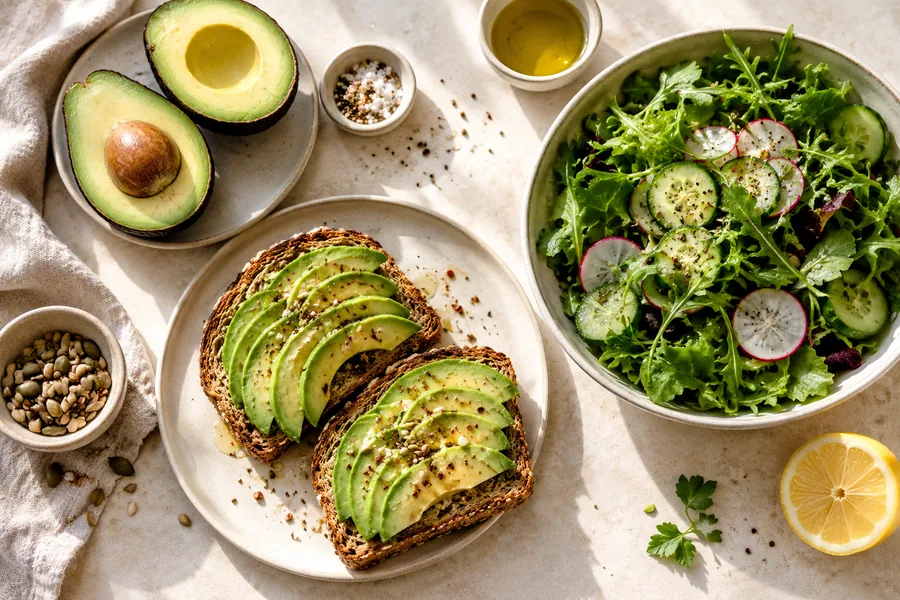 Ilustrasi sajian alpukat bersama roti dan salad